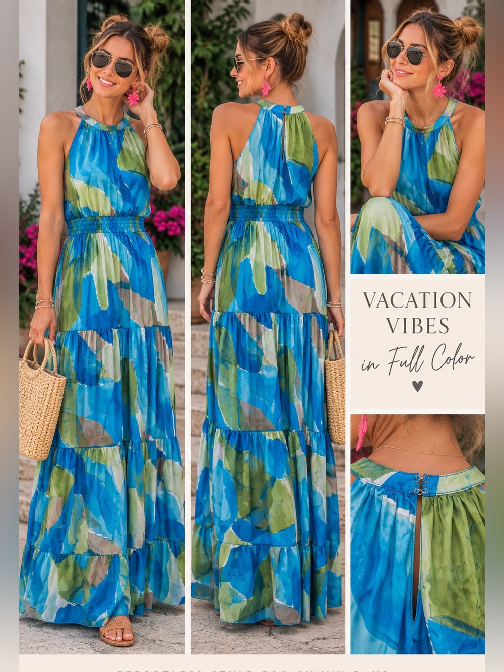 NWOT Nicole Miller Abstract Print Halter Maxi Dress Blue Green Size M